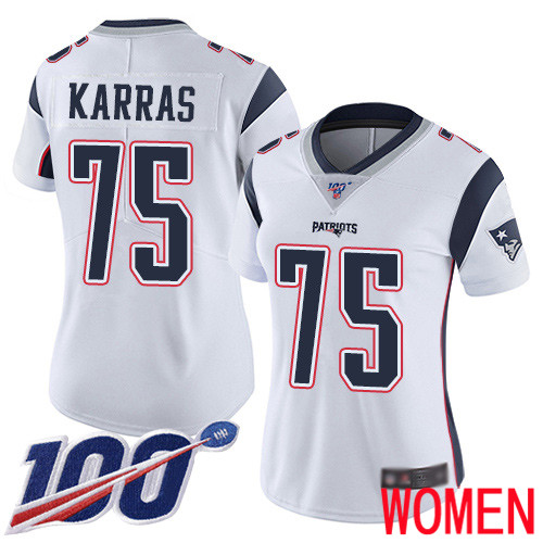 New England Patriots Football #75 Vapor Untouchable 100th Season Limited White Women Ted Karras Road NFL Jersey